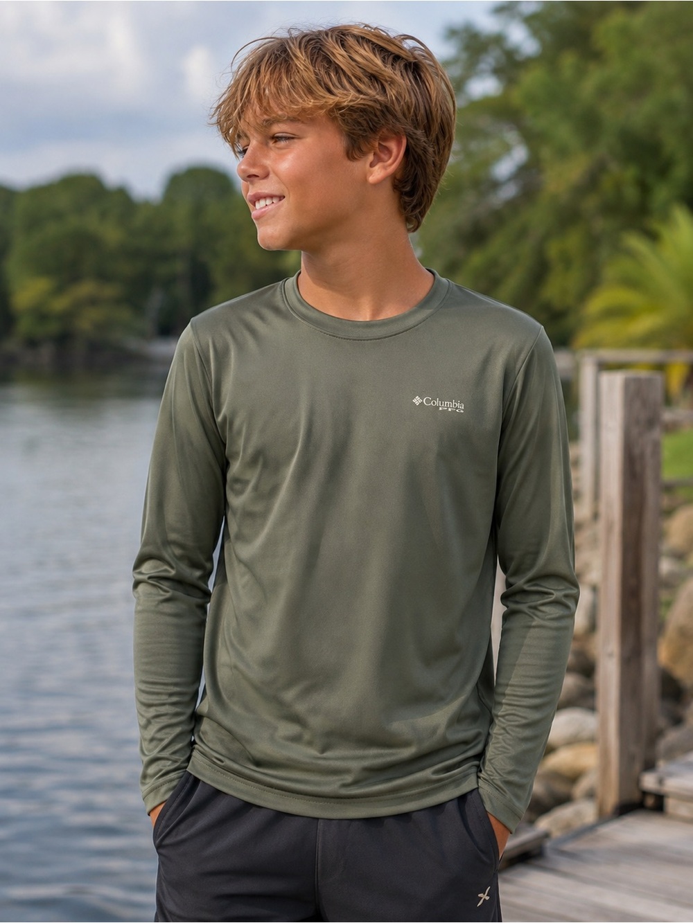 Columbia Kids Long Sleeve Dri fit Shirt — Olive Green